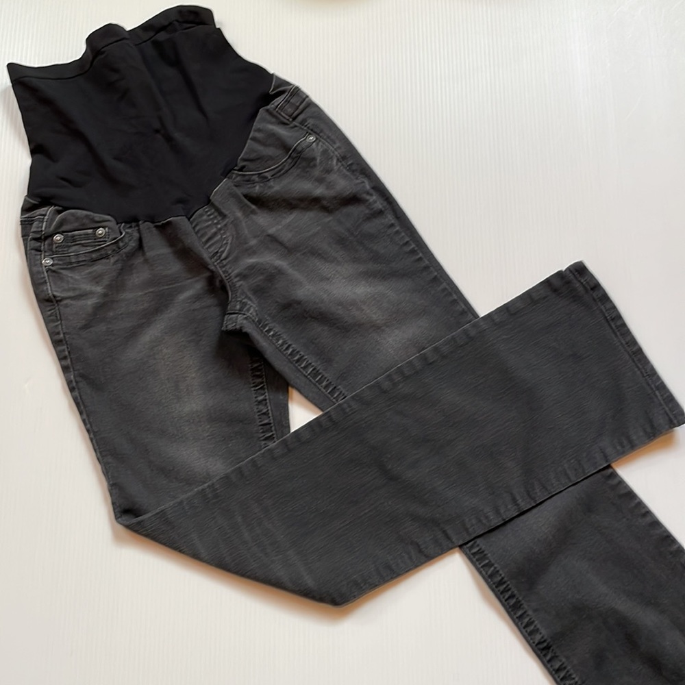 Indigo blue full panel, flare maternity jeans. Faded black, size small